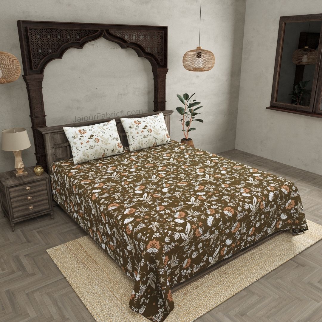 Flowery Spring Brown Cotton King Size Bedsheet