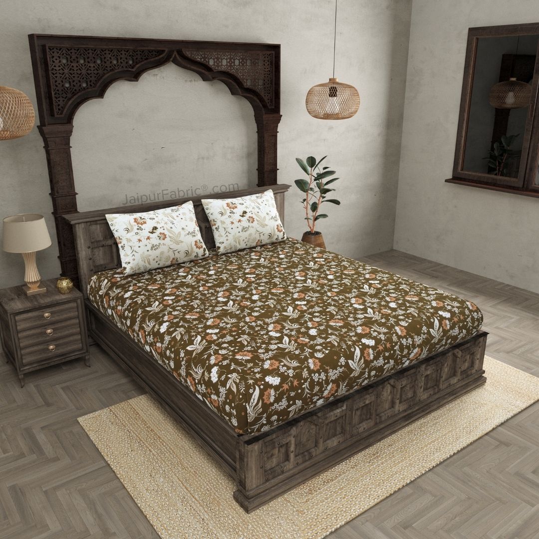 Flowery Spring Brown Cotton King Size Bedsheet