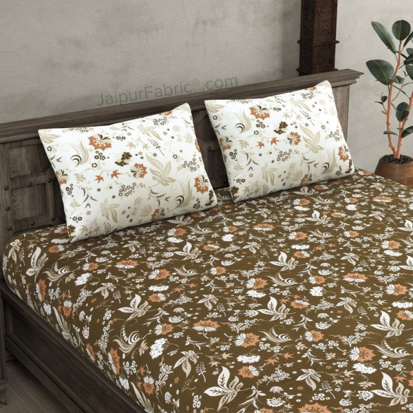 Flowery Spring Brown Cotton King Size Bedsheet