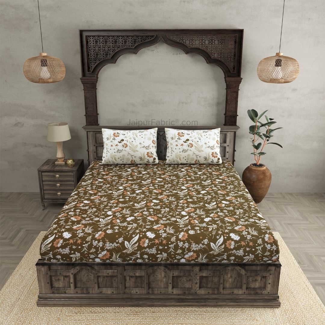 Flowery Spring Brown Cotton King Size Bedsheet