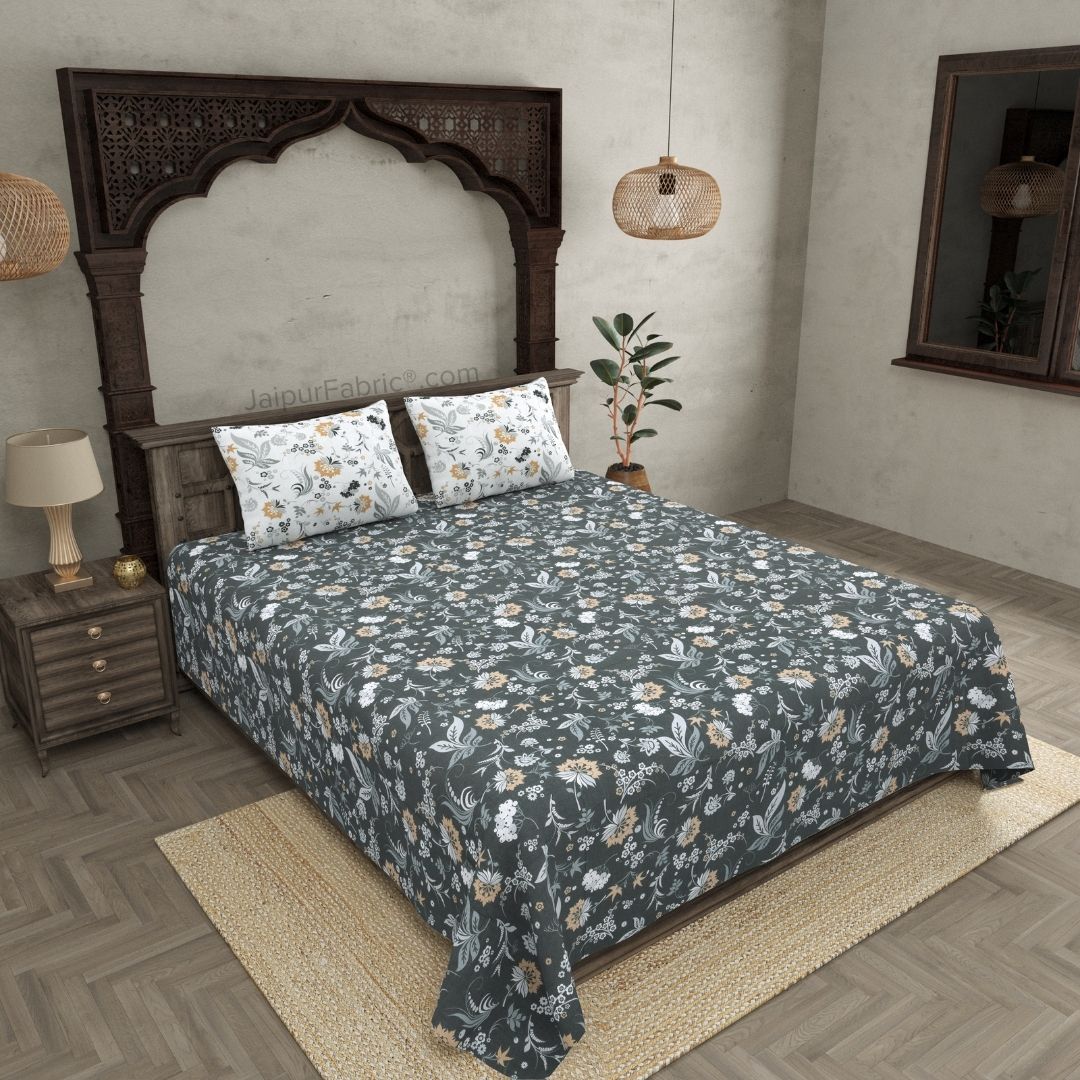 Flowery Spring Grey Cotton King Size Bedsheet