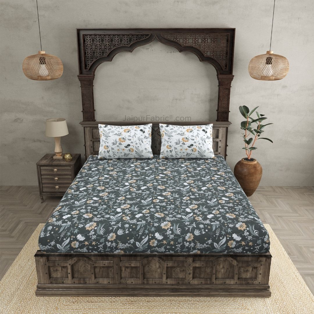 Flowery Spring Grey Cotton King Size Bedsheet