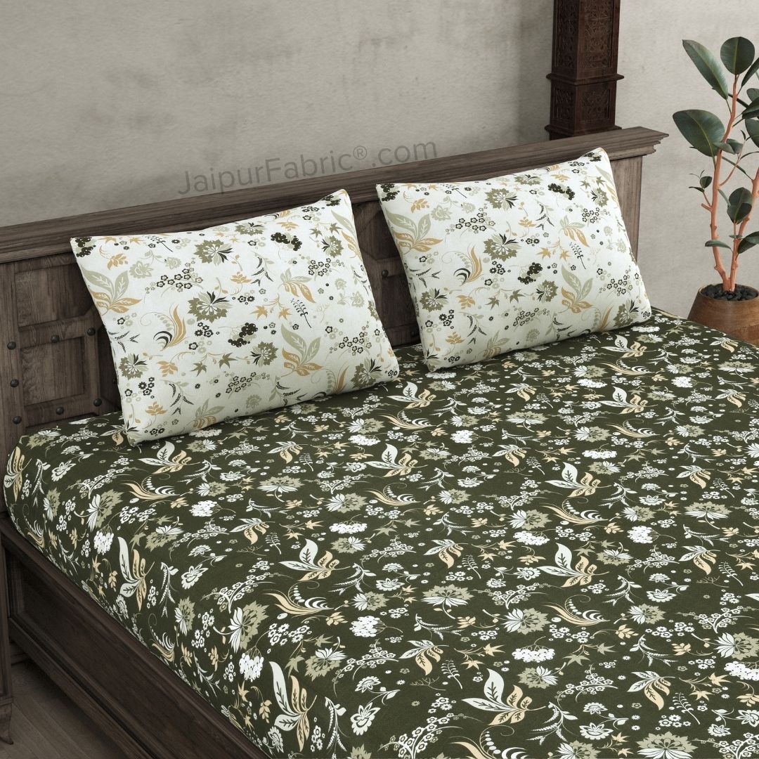 Flowery Spring Green Cotton King Size Bedsheet