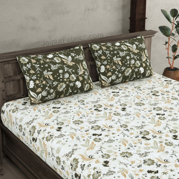 Flowery Spring Off White Green Cotton King Size Bedsheet