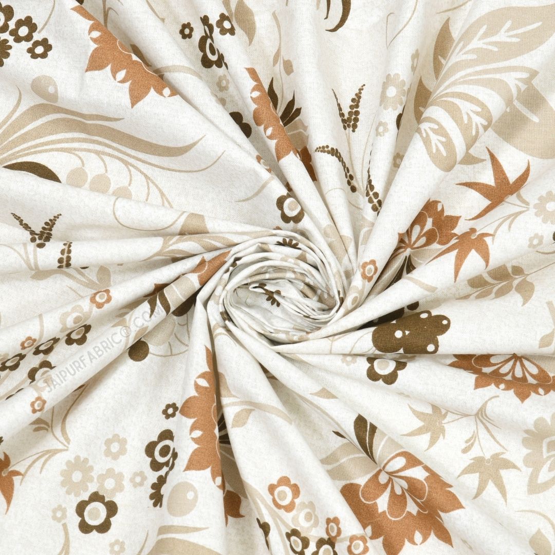 Flowery Spring Off White Sandy Brown Cotton King Size Bedsheet