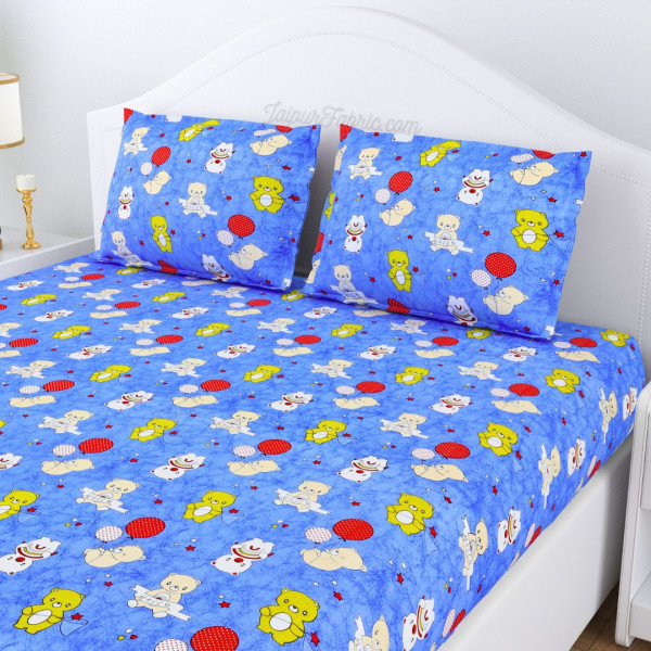 Little Explorer Pure Cotton Blue Teddy Bear and Balloons Kids Bedsheet