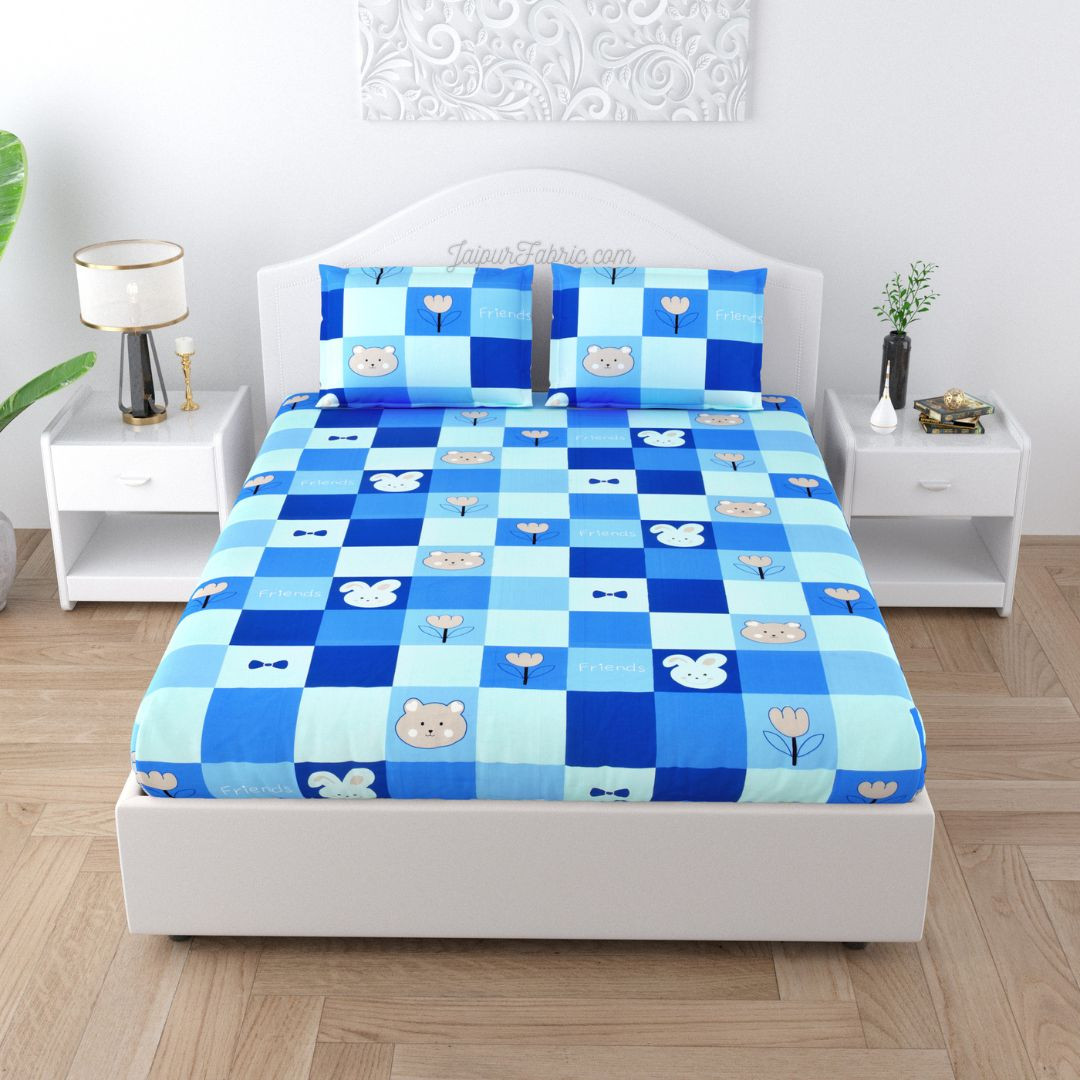 Dreamland Adventure Pure Cotton Teddy Bear and Rabbit Checks Pattern Bedsheet for Kids