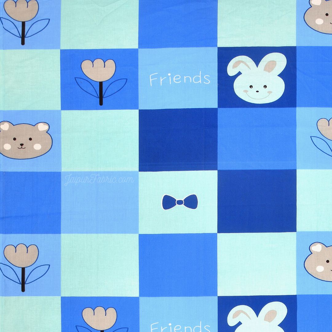 Dreamland Adventure Pure Cotton Teddy Bear and Rabbit Checks Pattern Bedsheet for Kids