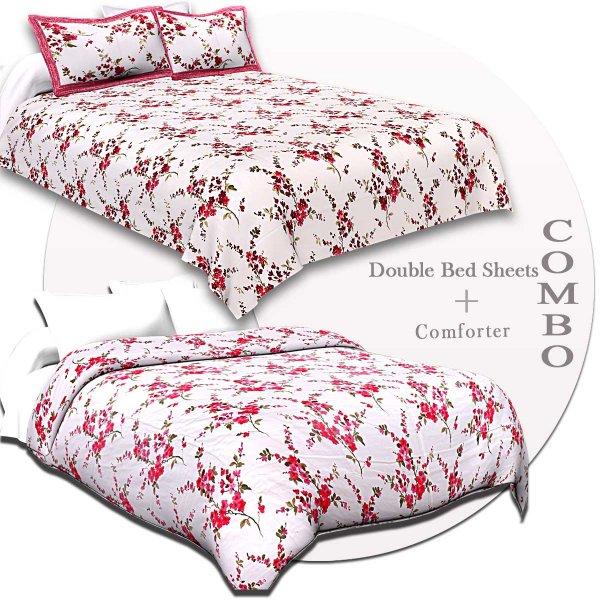 COMBO68 Pink Floral Design 1 Cotton Double Bedsheet + 1 Dohar Combo