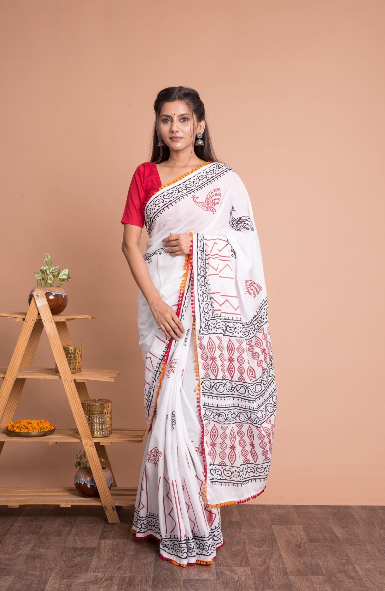 Women Hand Block Printed Cotton Mulmul Saree with Unstitched Blouse - White