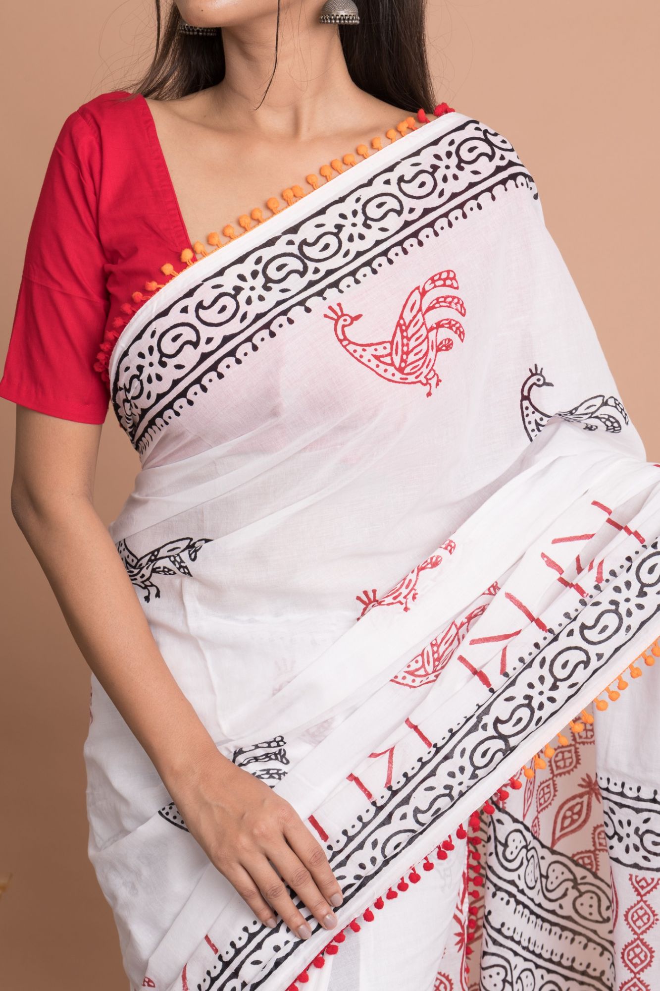 Women Hand Block Printed Cotton Mulmul Saree with Unstitched Blouse - White