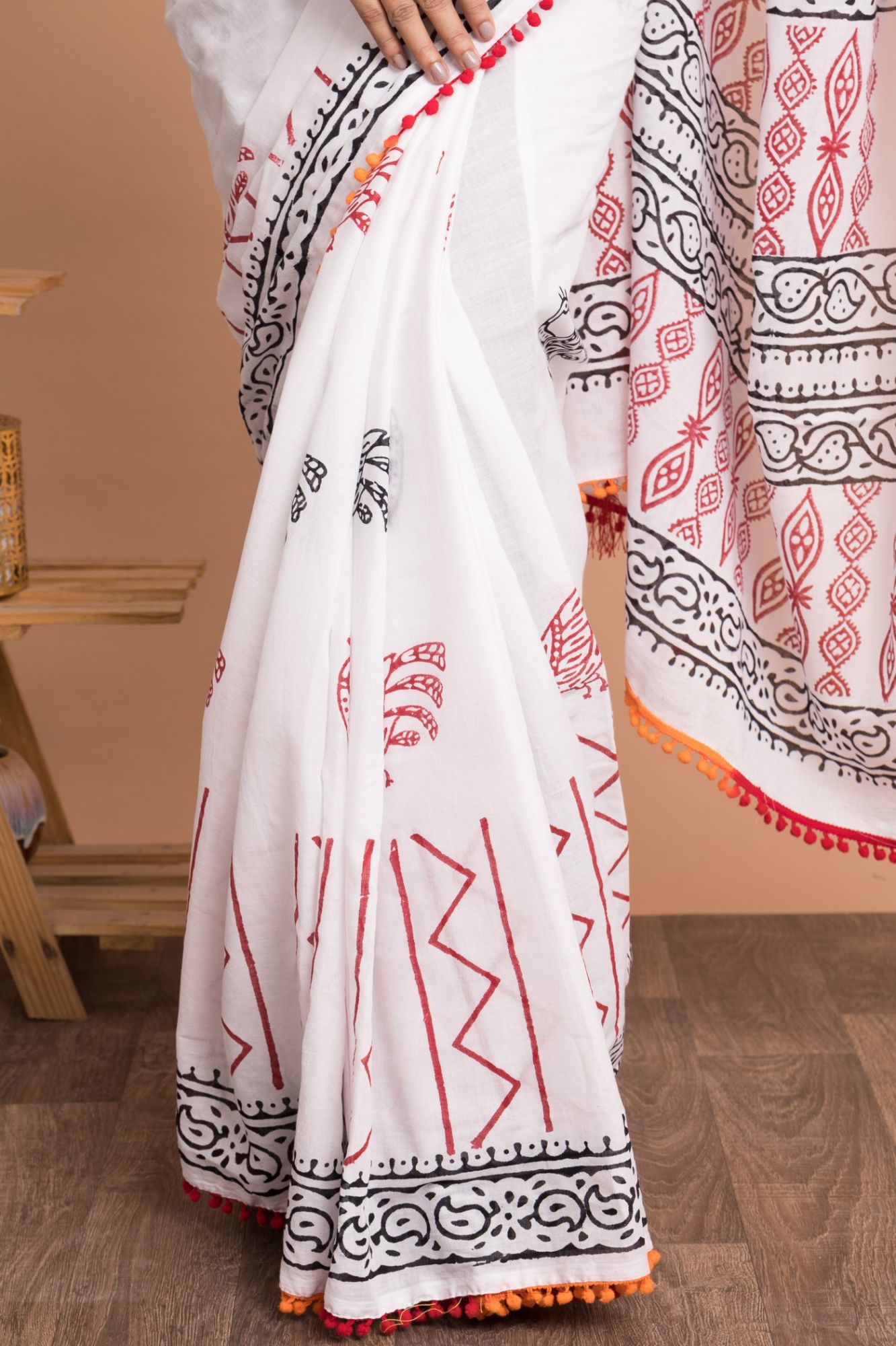 Women Hand Block Printed Cotton Mulmul Saree with Unstitched Blouse - White