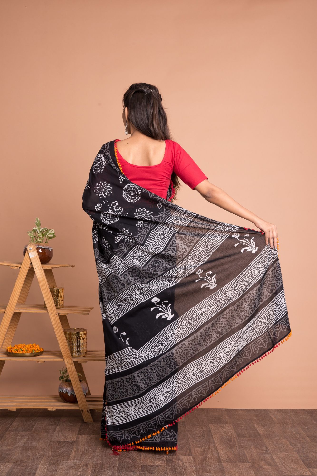 Floral Hand Block Printed Cotton Mulmul Saree with Unstitched Blouse - Black