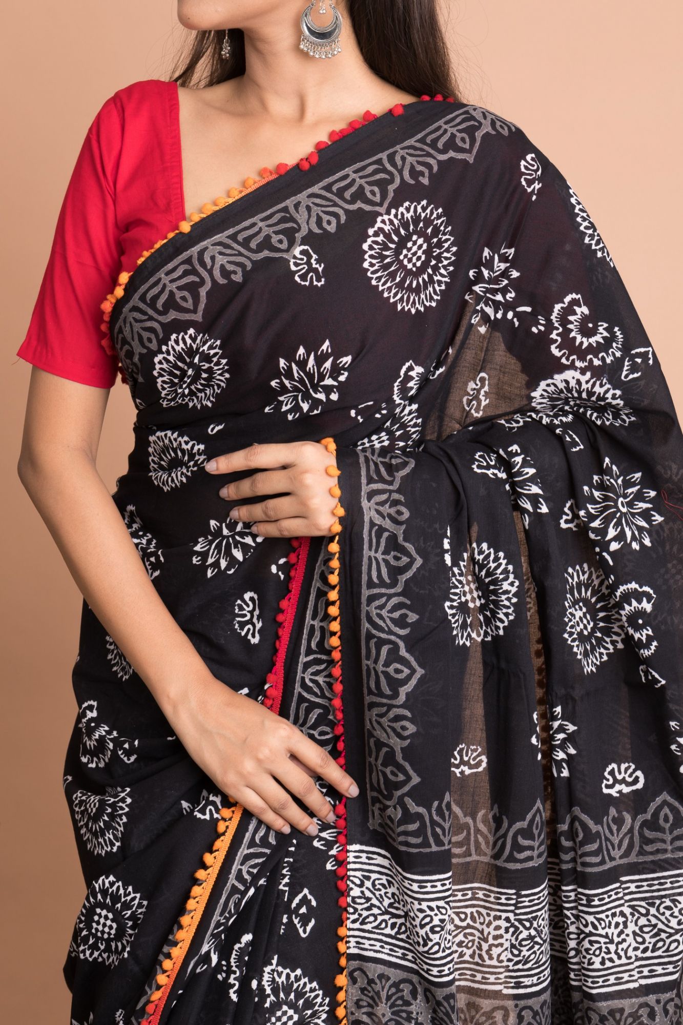 Floral Hand Block Printed Cotton Mulmul Saree with Unstitched Blouse - Black