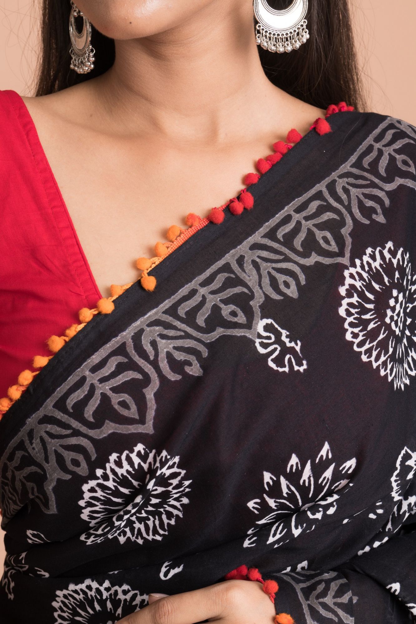 Floral Hand Block Printed Cotton Mulmul Saree with Unstitched Blouse - Black