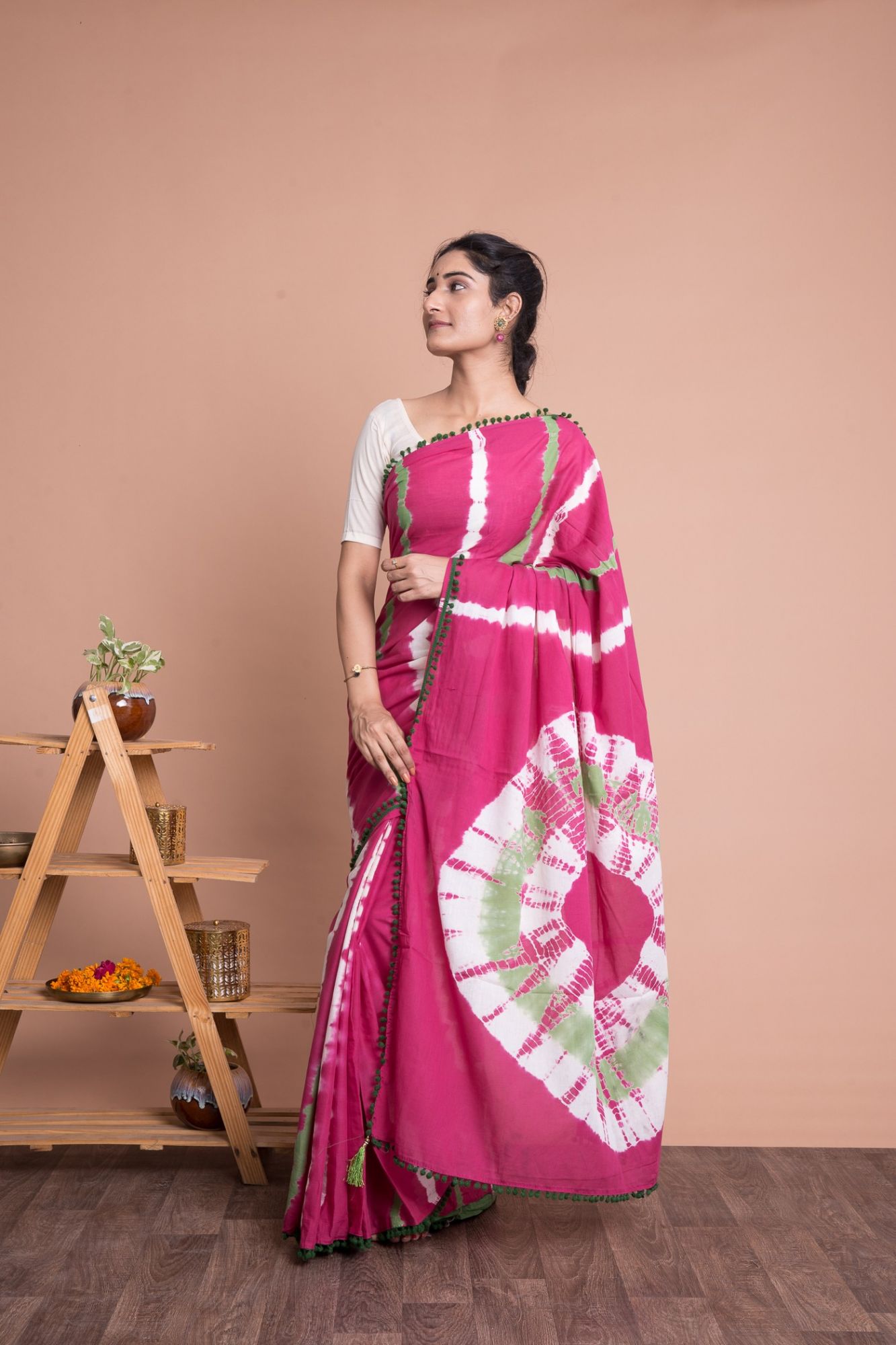 Women Marble Cotton Mulmul Saree with Unstitched Blouse - Pink