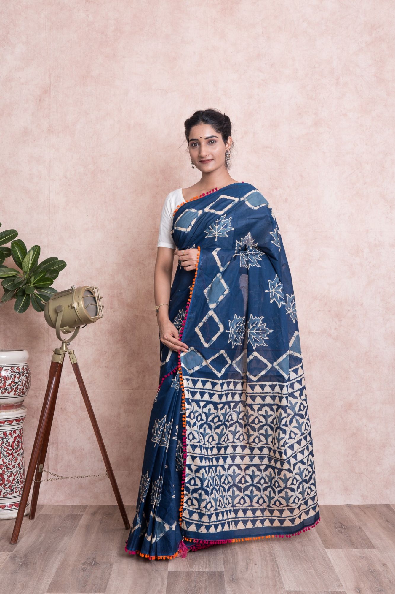 Women Dabu Motif Print Cotton Mulmul Saree with Unstitched Blouse - Indigo And Blue