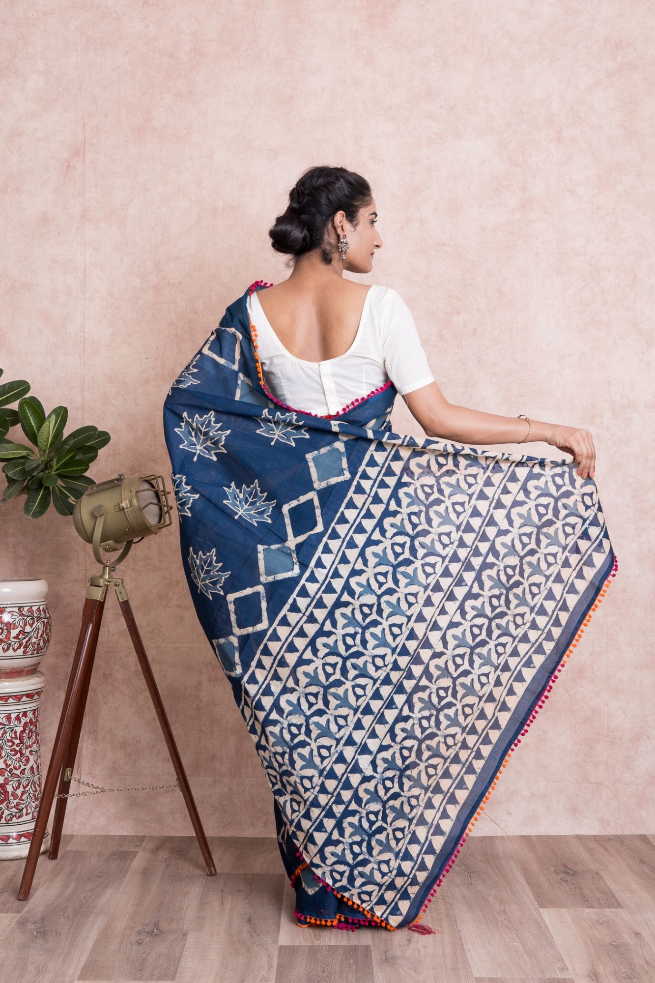 Women Dabu Motif Print Cotton Mulmul Saree with Unstitched Blouse - Indigo And Blue