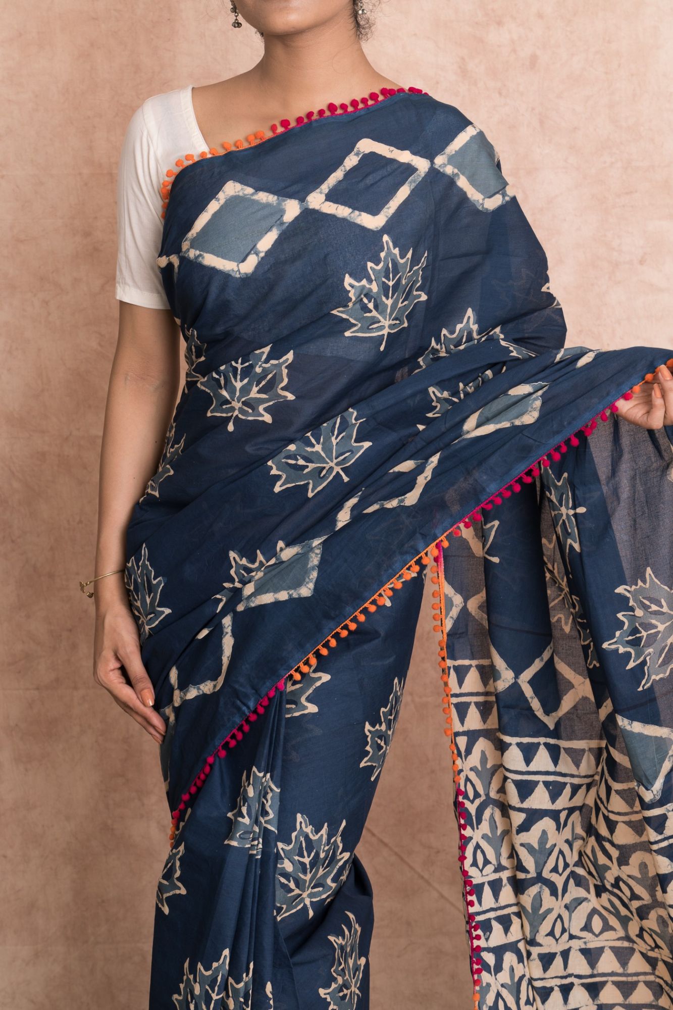 Women Dabu Motif Print Cotton Mulmul Saree with Unstitched Blouse - Indigo And Blue