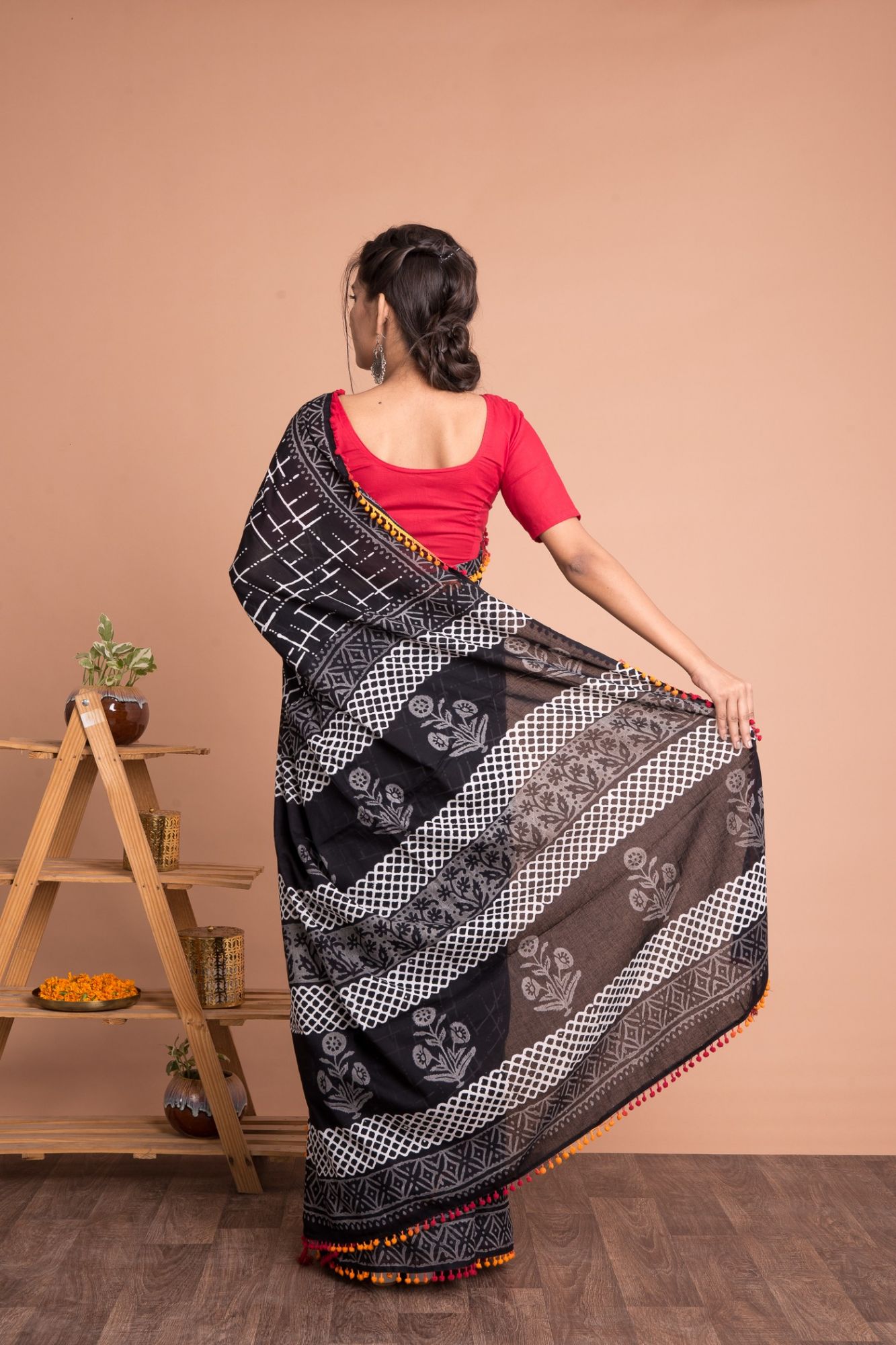 Geometric Hand Block Printed Cotton Mulmul Saree with Unstitched Blouse - Black