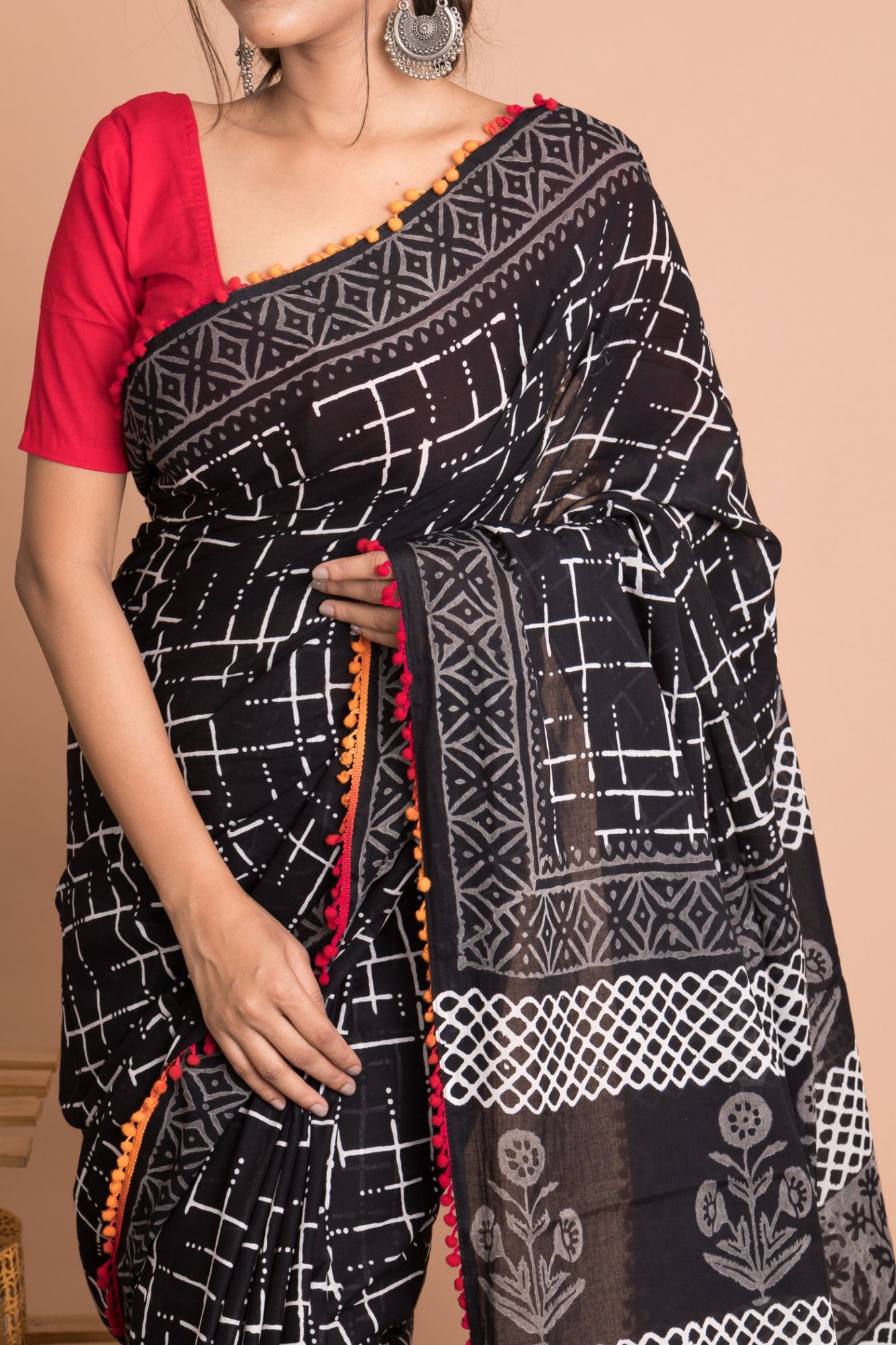 Geometric Hand Block Printed Cotton Mulmul Saree with Unstitched Blouse - Black