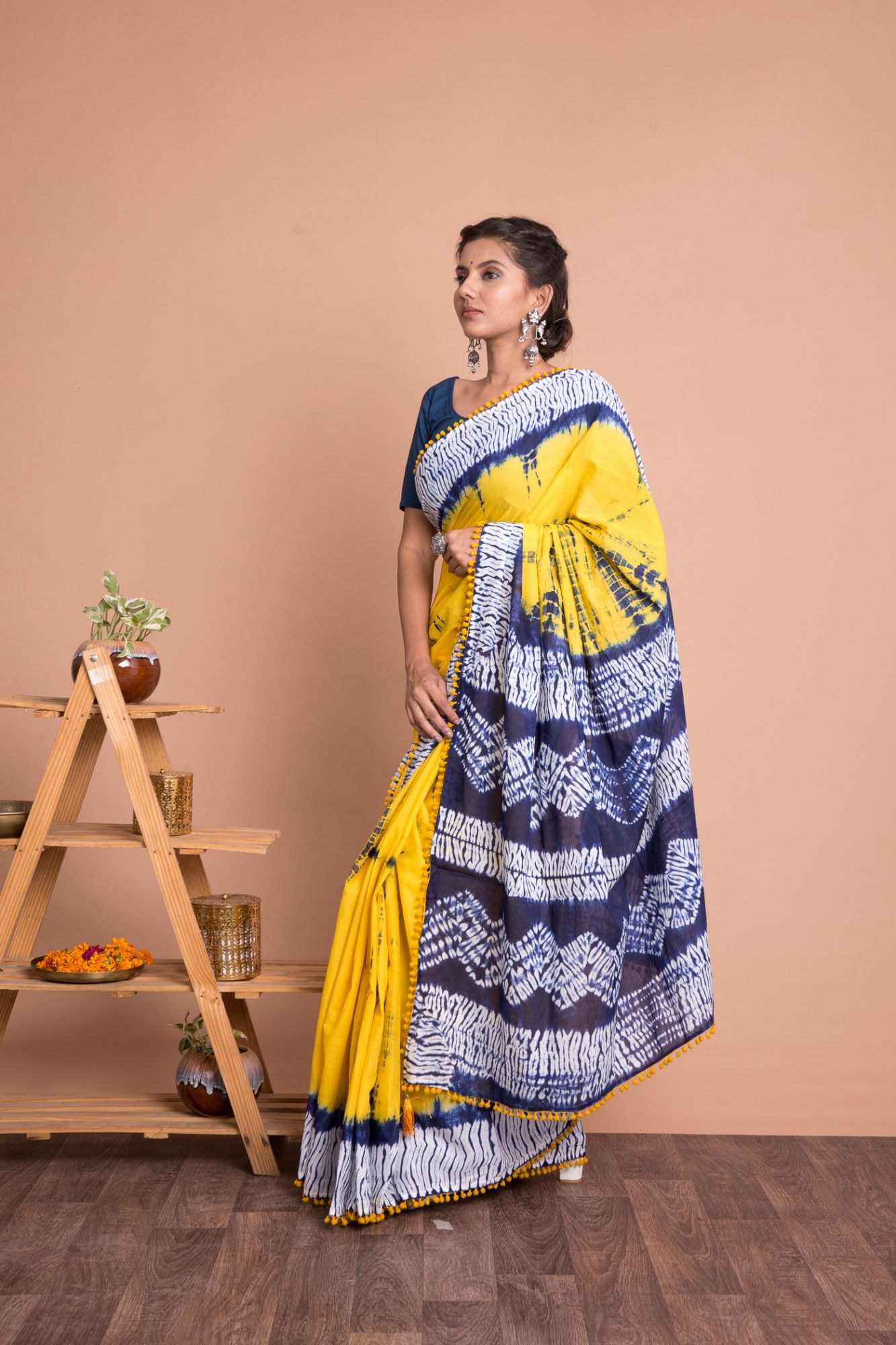 Shibori Tie N Dye Marble Pattern Cotton Mulmul Saree with Unstitched Blouse - Yellow