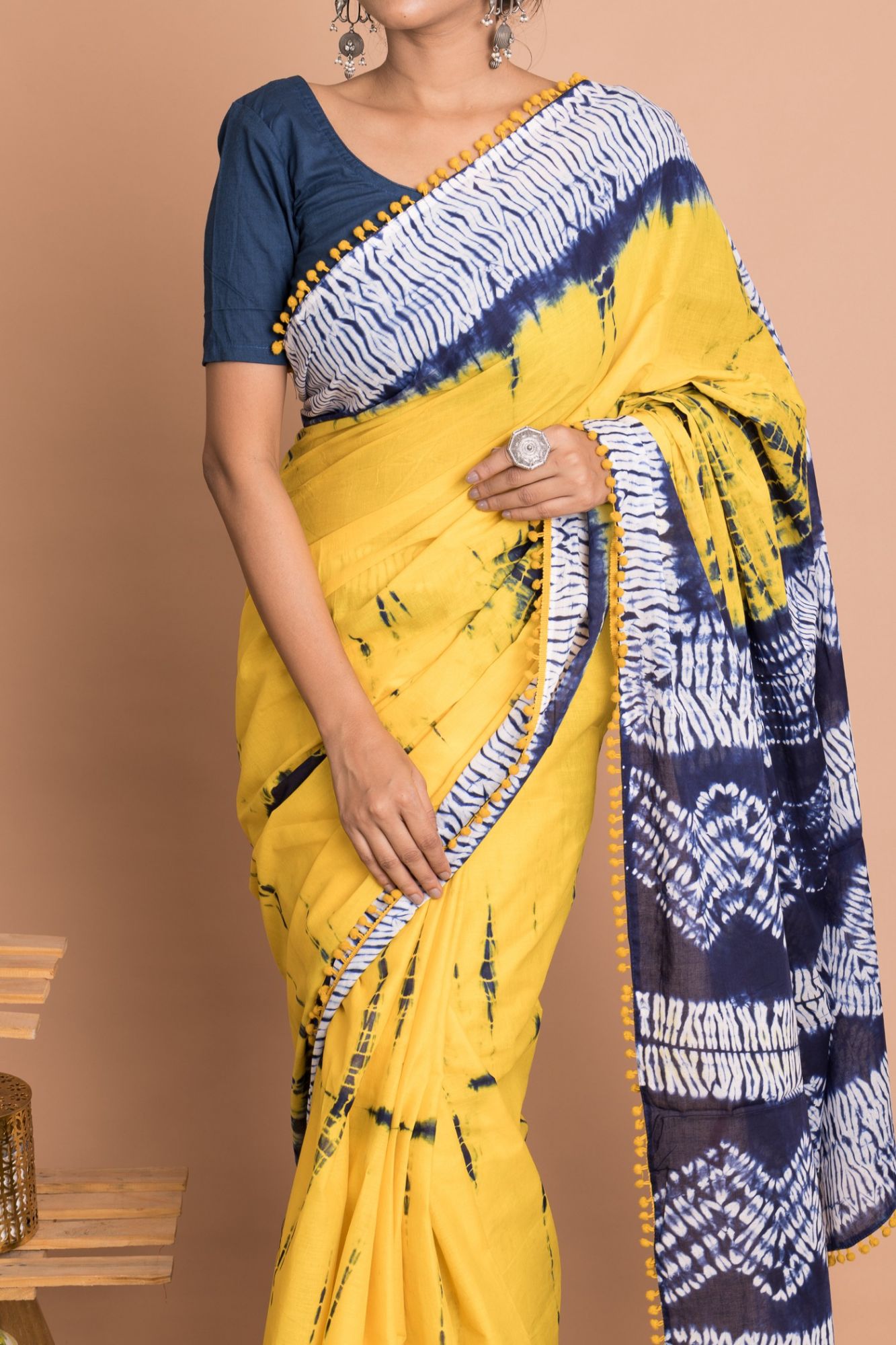 Shibori Tie N Dye Marble Pattern Cotton Mulmul Saree with Unstitched Blouse - Yellow