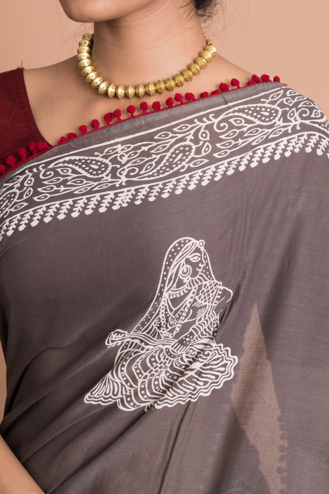 Women Discharge Print Cotton Mulmul Saree with Unstitched Blouse - Grey