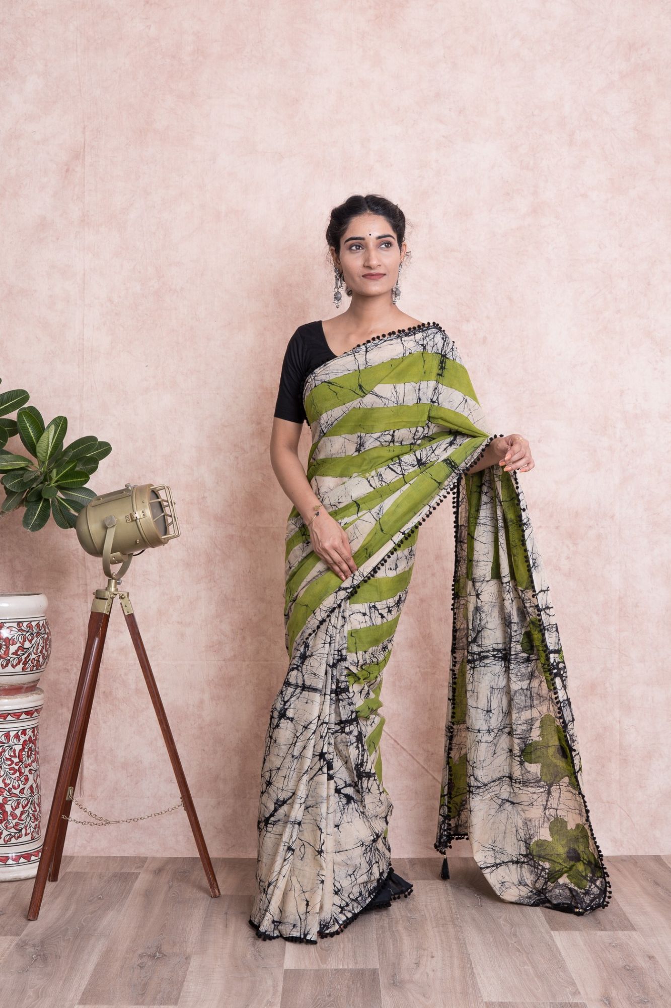 Pom-Pom Batik Print Cotton Mulmul Saree with Unstitched Blouse - Green