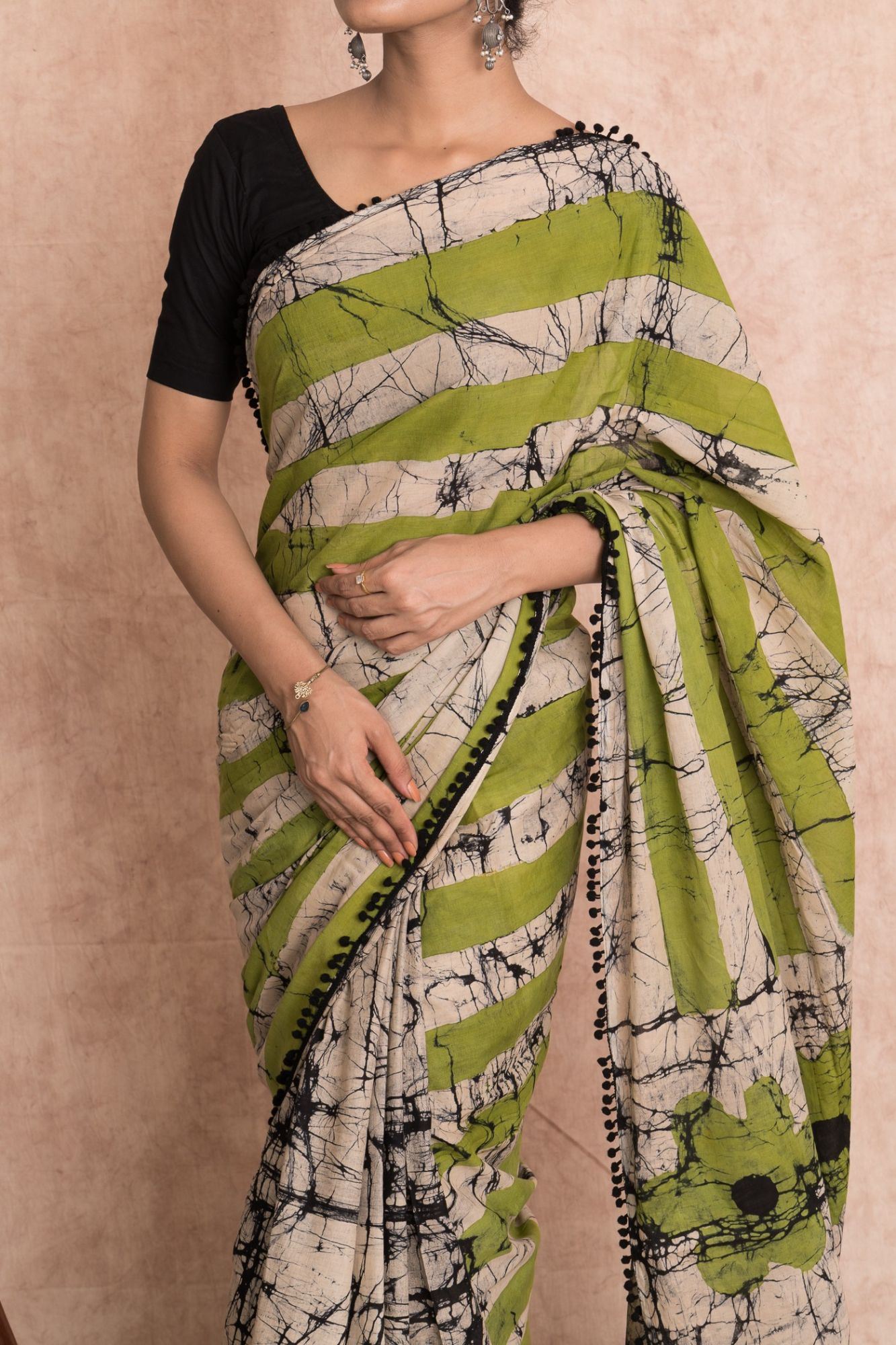 Pom-Pom Batik Print Cotton Mulmul Saree with Unstitched Blouse - Green