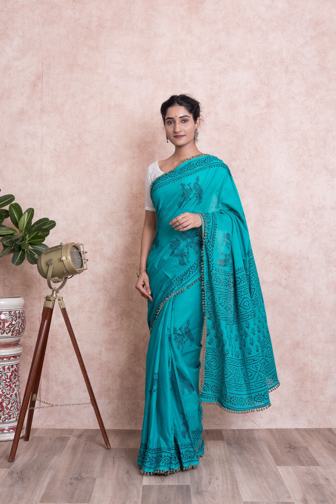 Pom-Pom Hand Block Printed Cotton Mulmul Saree with Unstitched Blouse - Green