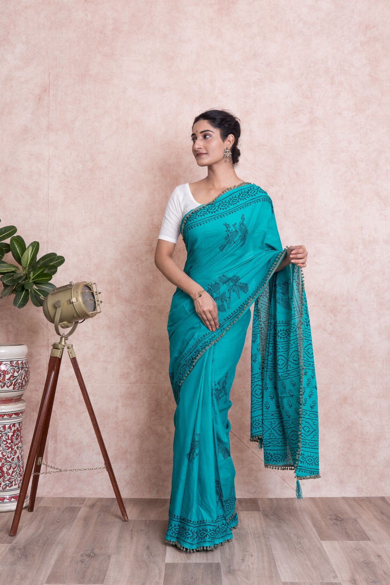 Pom-Pom Hand Block Printed Cotton Mulmul Saree with Unstitched Blouse - Green