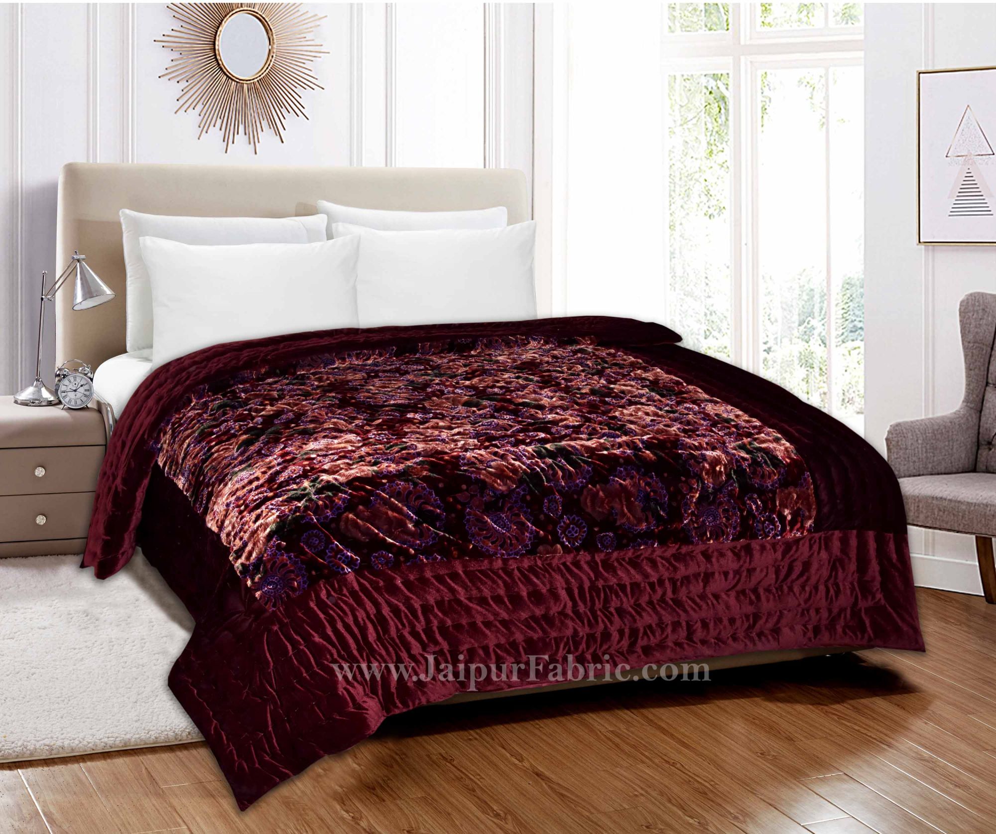 Velvet Cloth Double Bed Quilt Jaipuri Razai Dark Maroon Shaneel Rajai by Jaipur Fabric