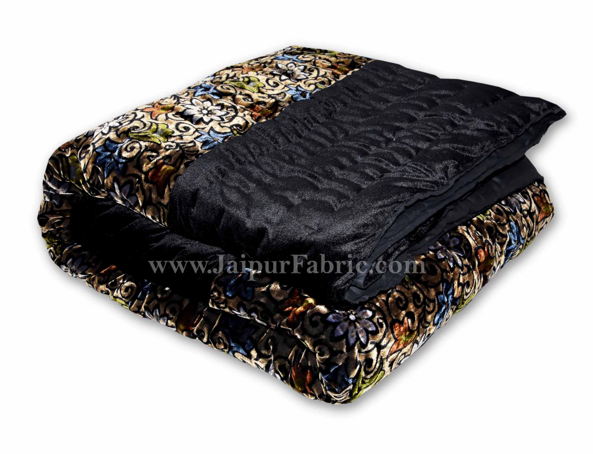 Velvet Cloth Double Bed Quilt Jaipuri Razai Floral Brown Shaneel Rajai by Jaipur Fabric