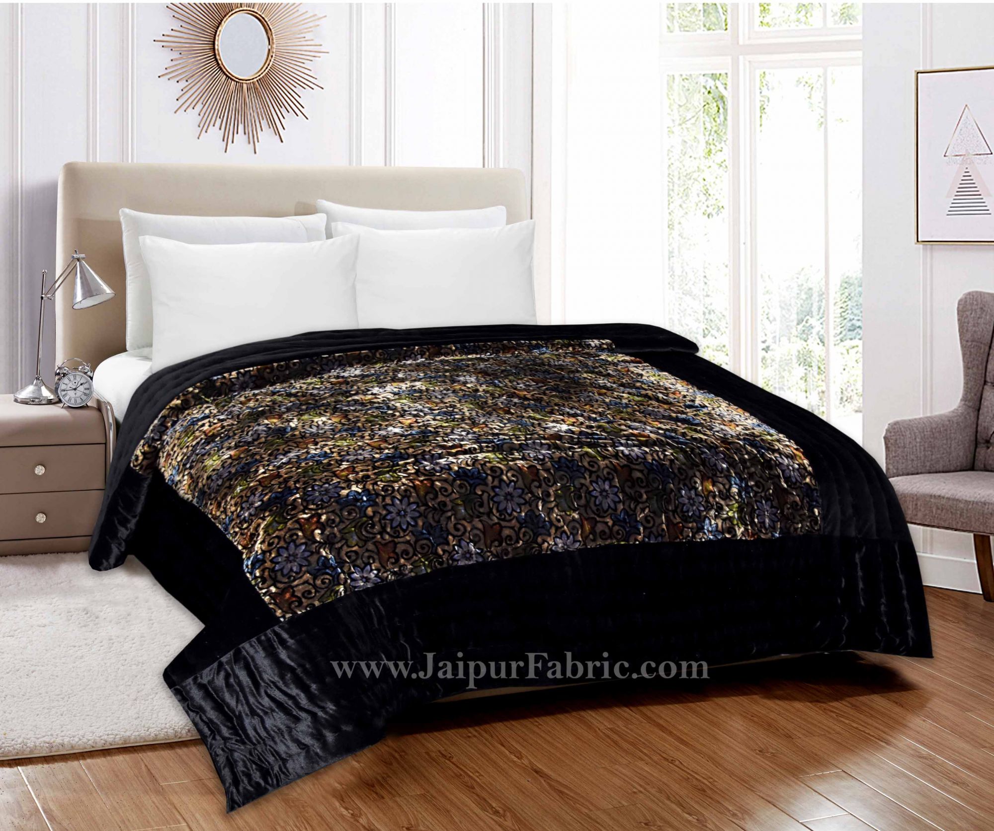 Velvet Cloth Double Bed Quilt Jaipuri Razai Floral Brown Shaneel Rajai by Jaipur Fabric