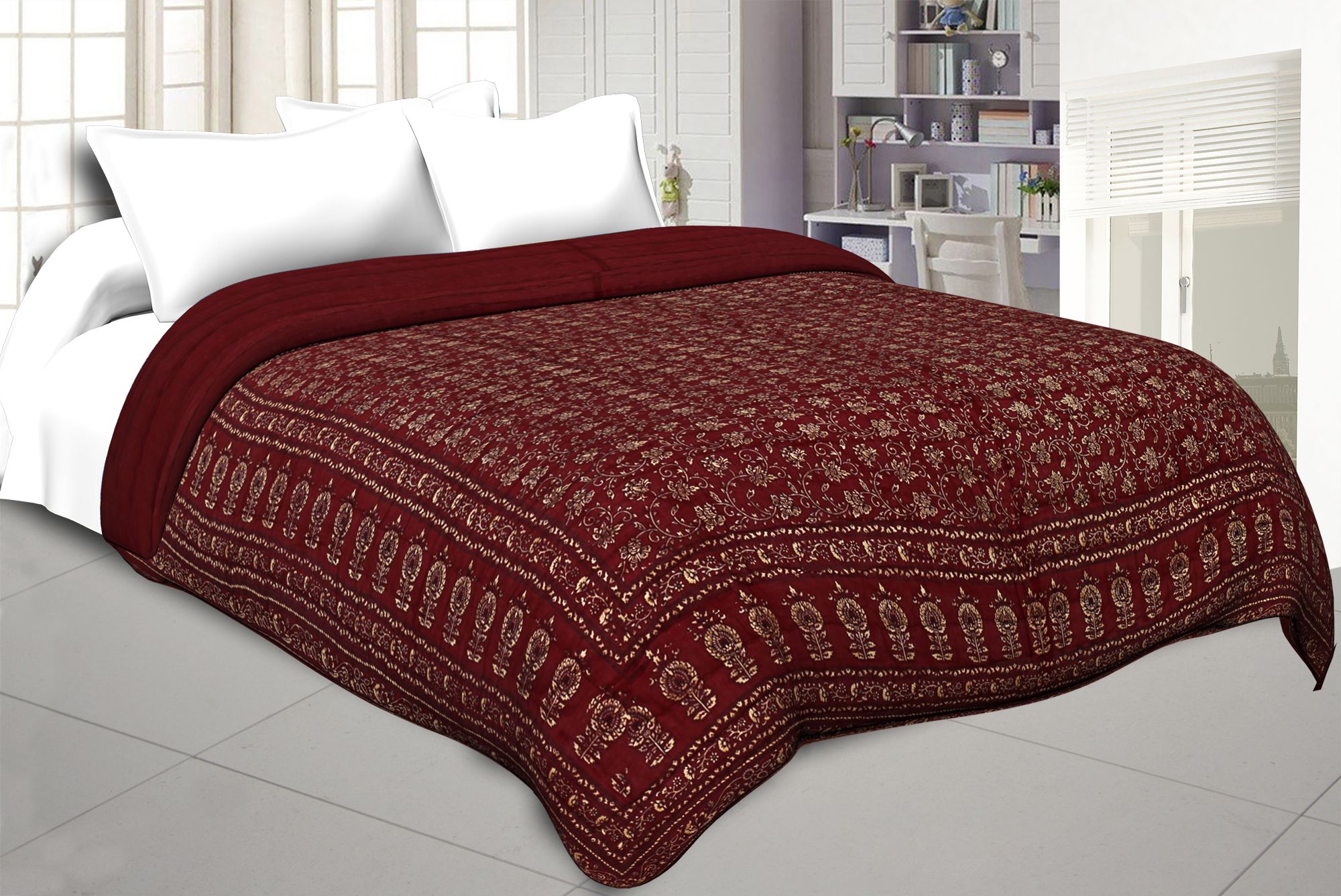 Maroon Base Golden Print Fine Cotton Double Quilt