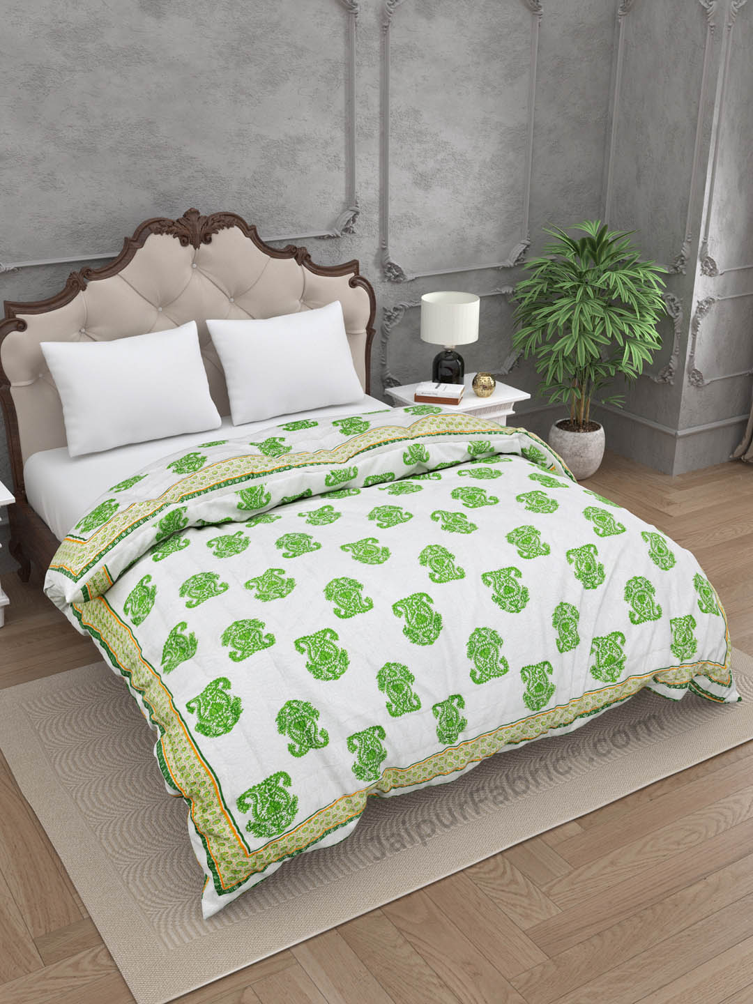 Traditional Green Boota Jaipuri  Double Bed Quilt