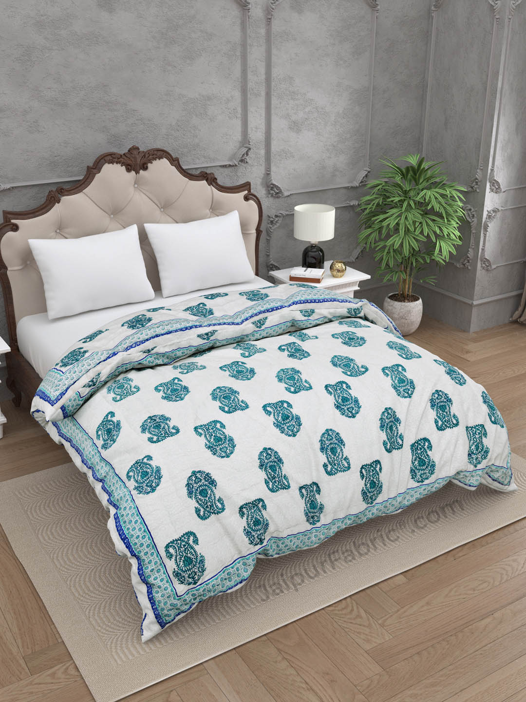 Traditional Sea Green Boota Jaipuri  Double Bed Quilt