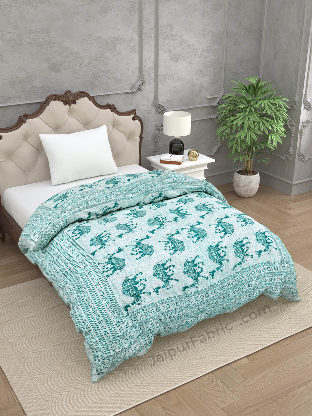 Jaipuri Quilt Sea Green Camel Print 200Gsm Fine Cotton Single Bed Rajai