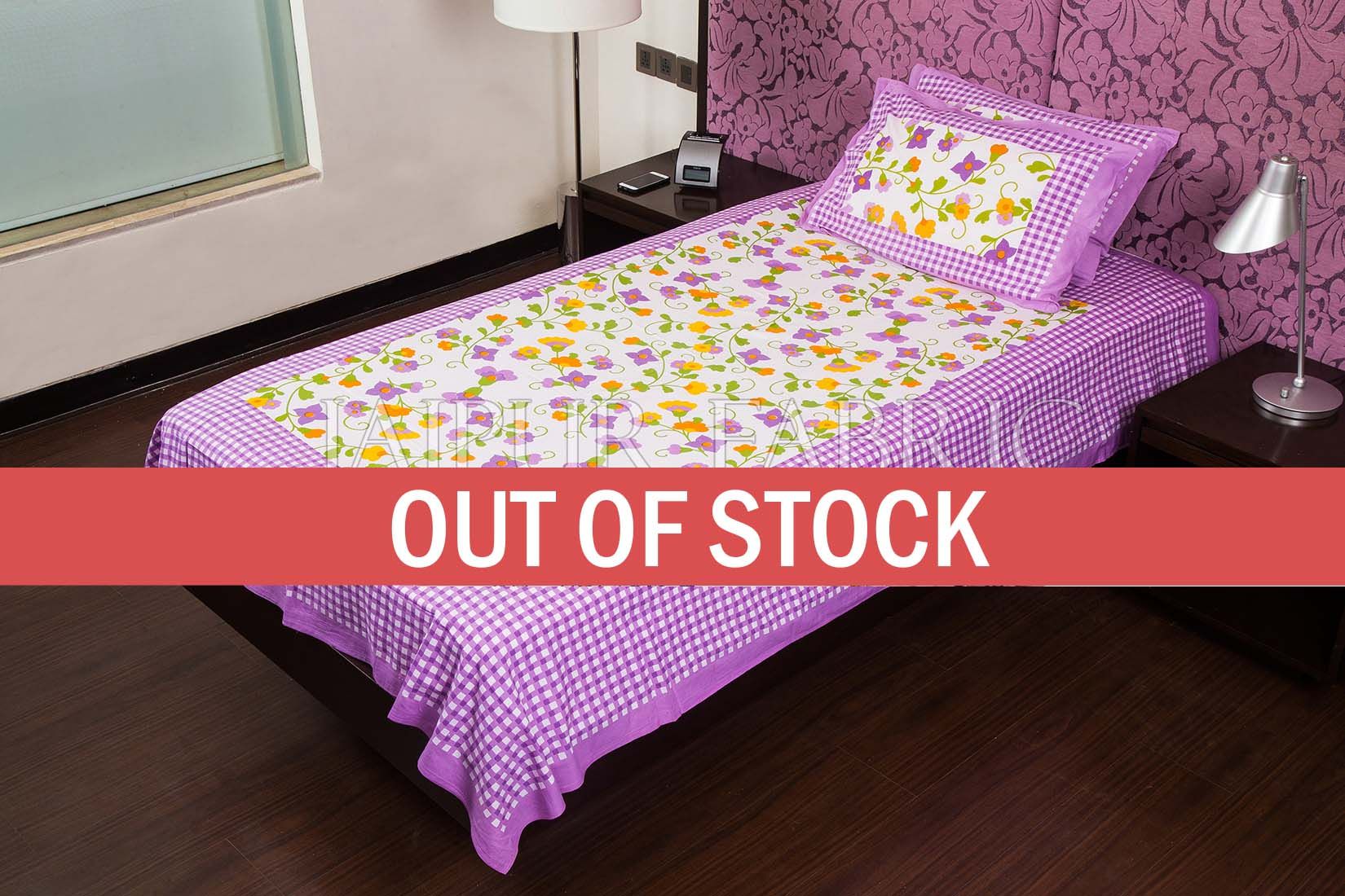 Purple Checks White Base Floral Print Single Cotton Bed sheet