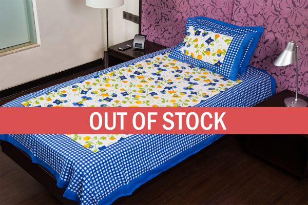 Blue Checks White Base Floral Print Single Cotton Bed sheet