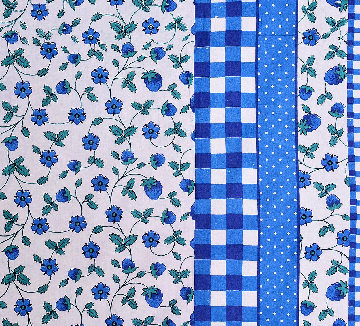 Blue Boarder With Check Print And Dot Flower Pattern Single Bed Sheet With 2 Pillow Cover