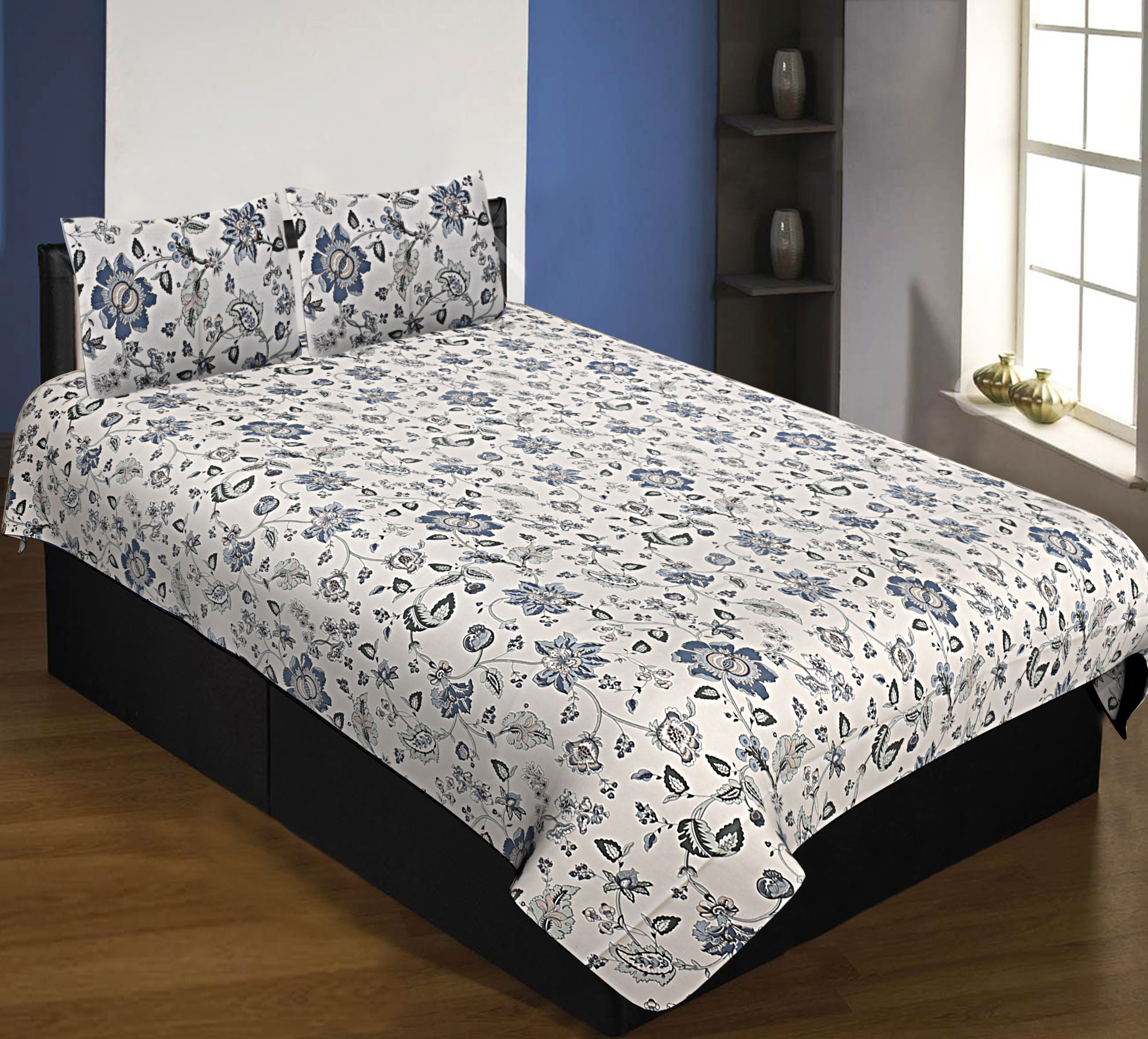 Pure Cotton 240 TC Single Bedsheet in blueish floral pattern taxable