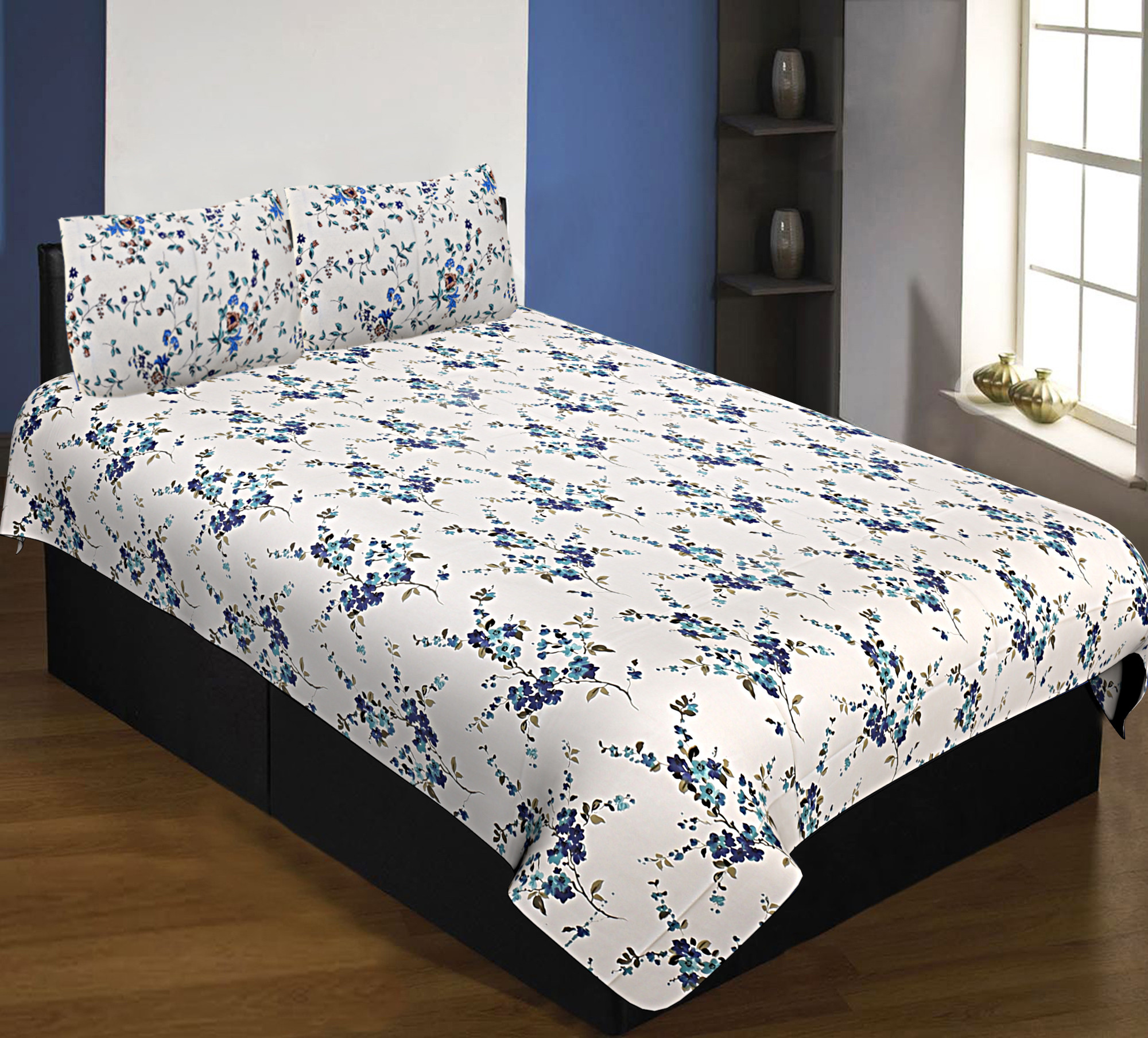 Pure Cotton 240 TC Single Bedsheet in blue motif floral print taxable