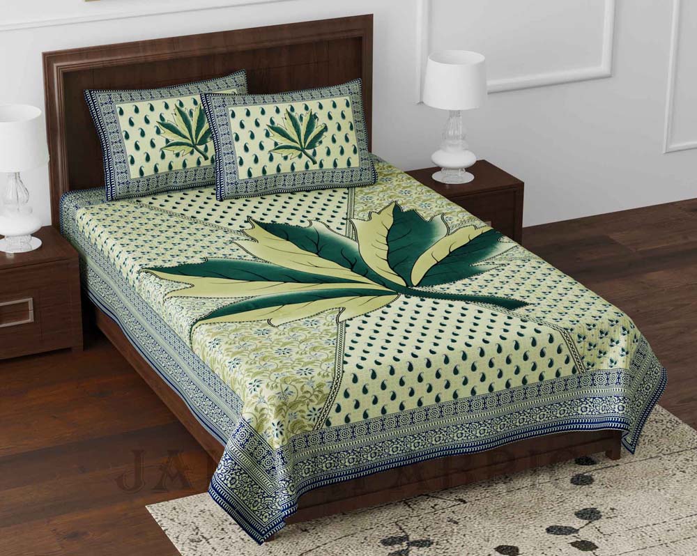 Croton Green Queen Size Pure Cotton Single Bedsheet with 2 Pillow Covers