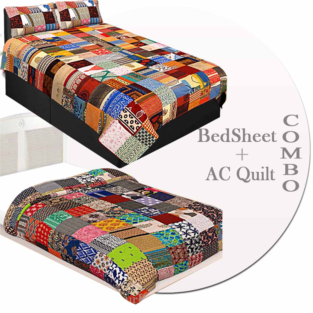 Colorful Multi Patchwork  Matching Combo Set of 1 Single Bedsheet with 2 Pillow  1 Single Comforter