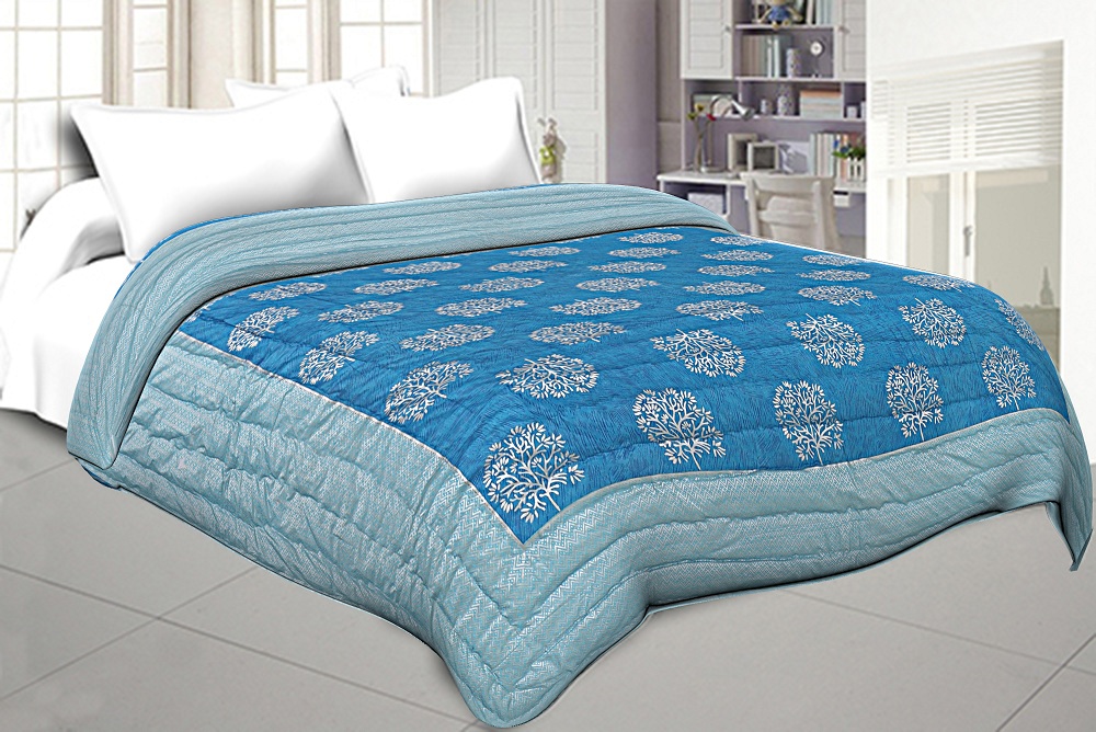 Jaipuri Printed Double Bed Razai Silver  Firozi And Ice Blue White base with Jall pattern