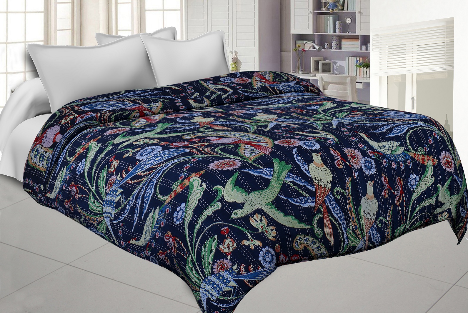 Navy Blue Cotton Gudri Katha Work Dohar Comforter