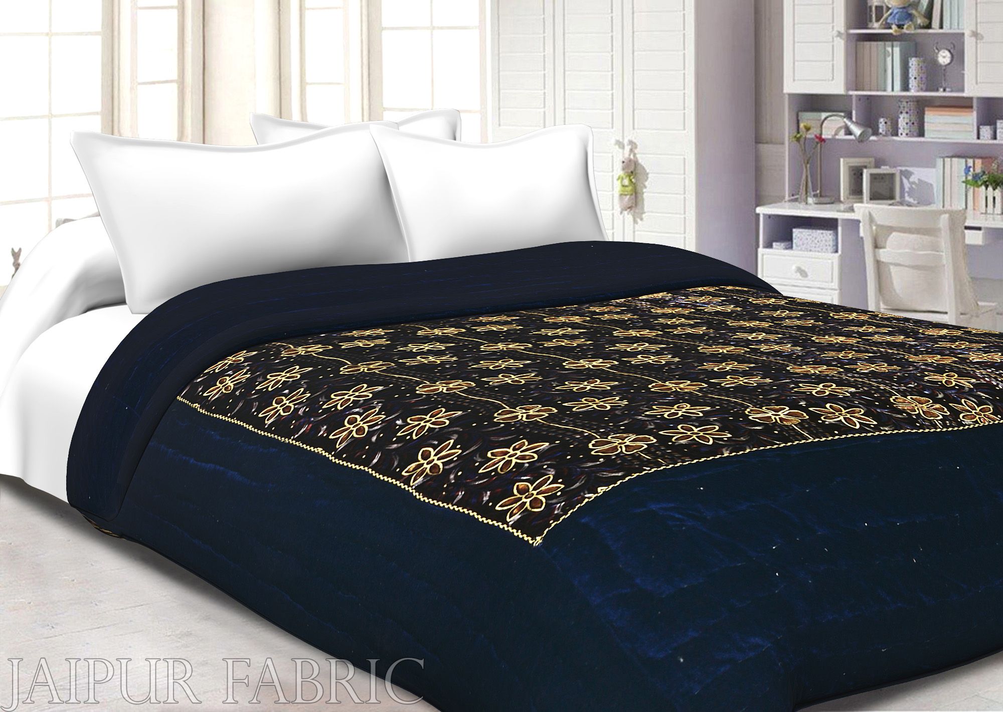 Dark Brown  With  Golden Flower Print  Velvet(Shaneel) Double Quilt