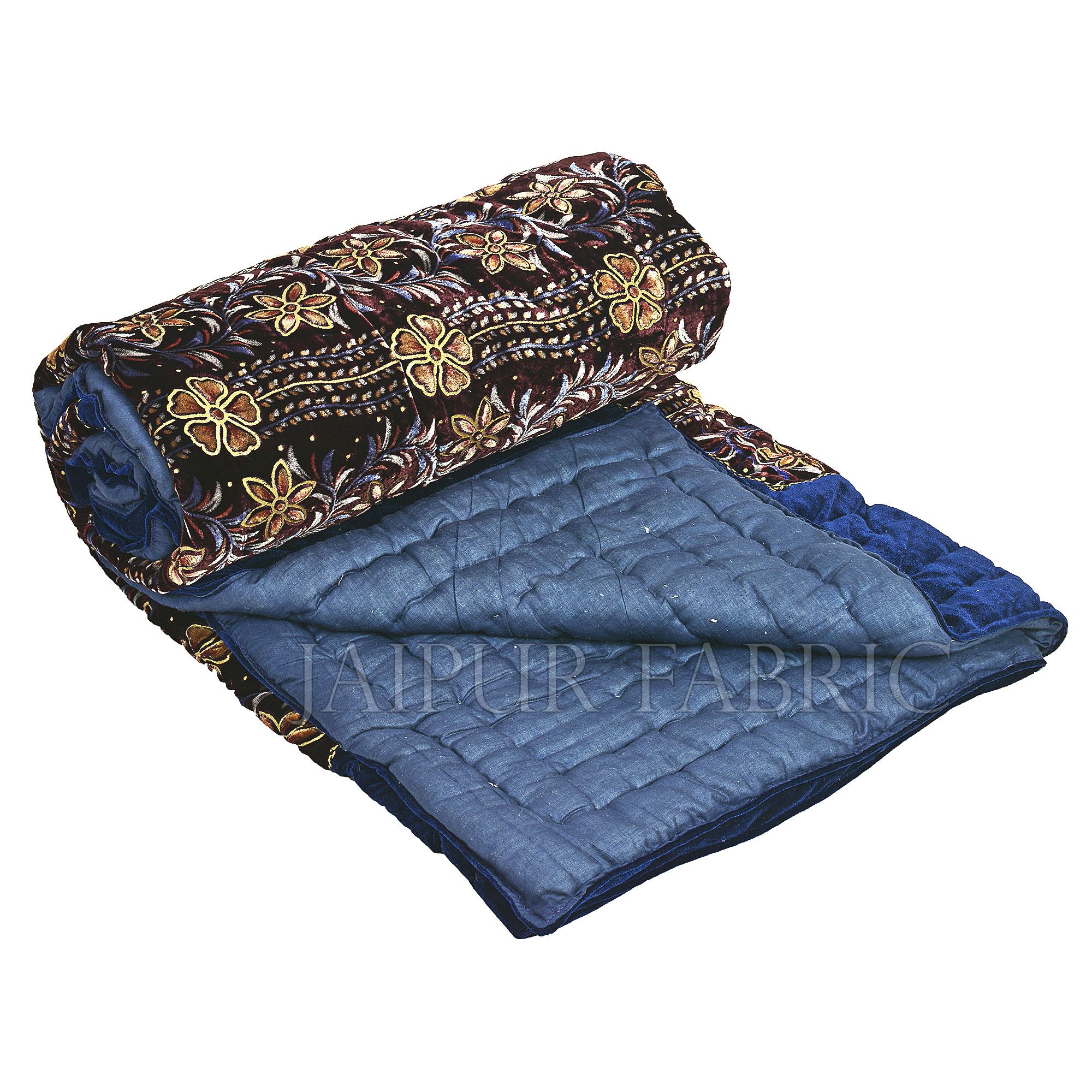 Dark Brown  With  Golden Flower Print  Velvet(Shaneel) Double Quilt